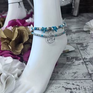 Sky Blue Turquoise Beach Beaded Starfish Wave Double Anklet 💗